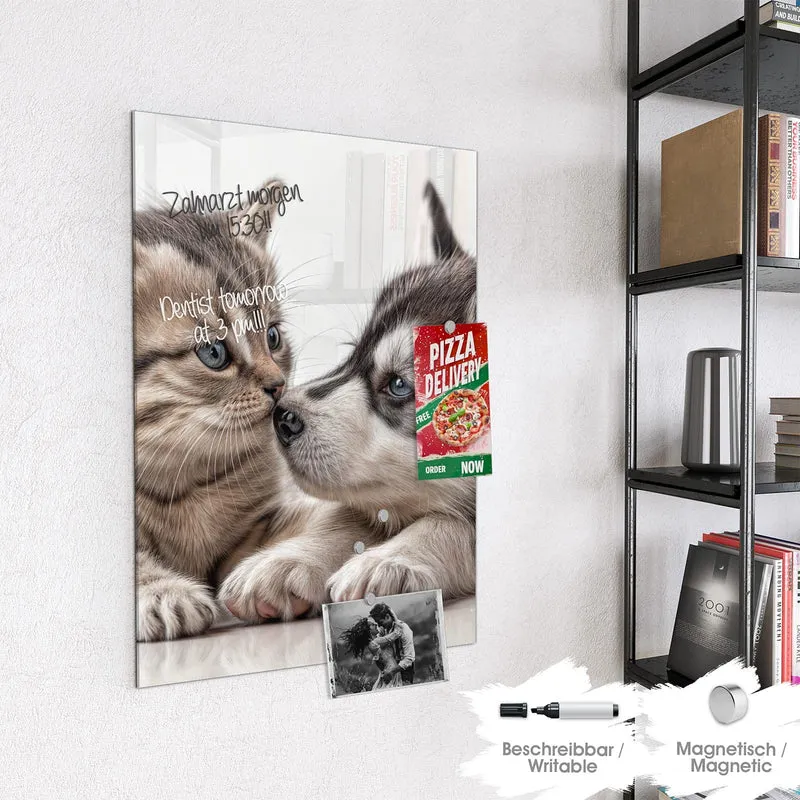 Glas Magnettafel - Husky und Kätzchen