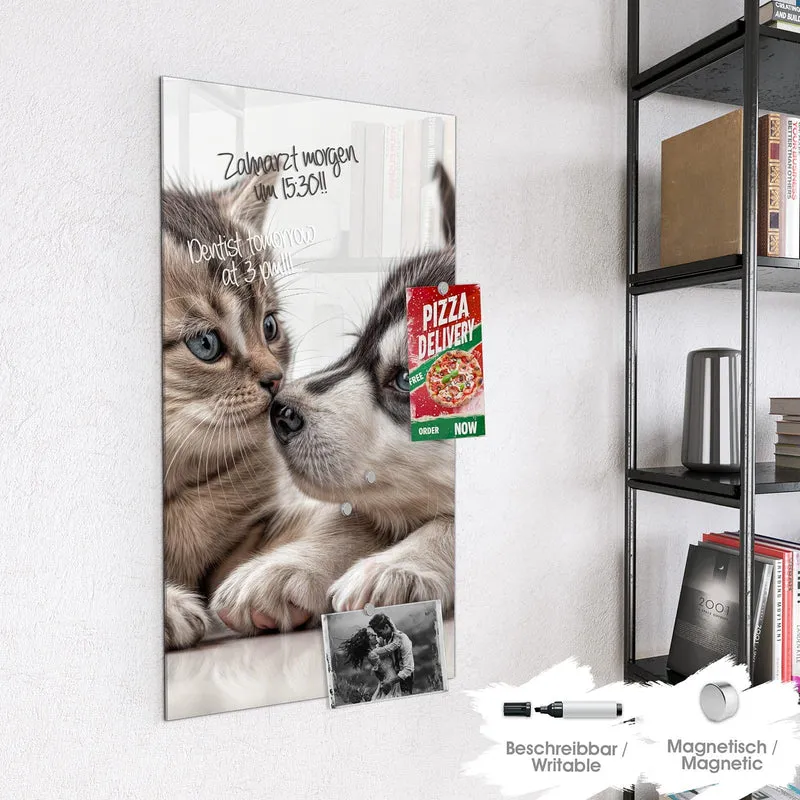 Glas Magnettafel - Husky und Kätzchen