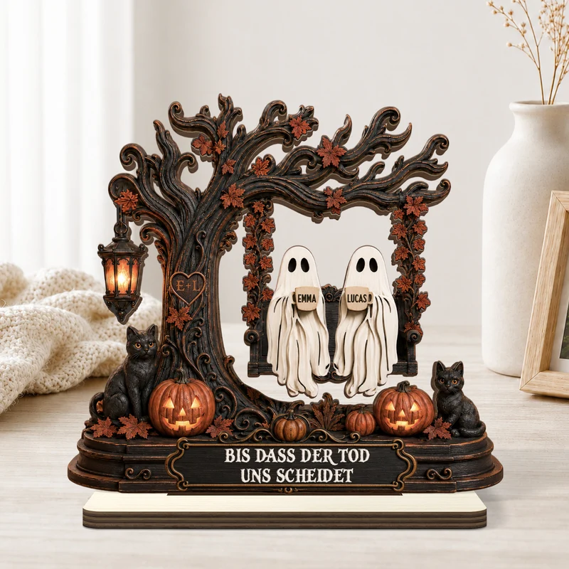 [3D-Optik] Bis Dass Der Tod Uns Scheidet - Personalisierte Geschenke Paar | Holzaufsteller Mit Standfuß Geist Halloween