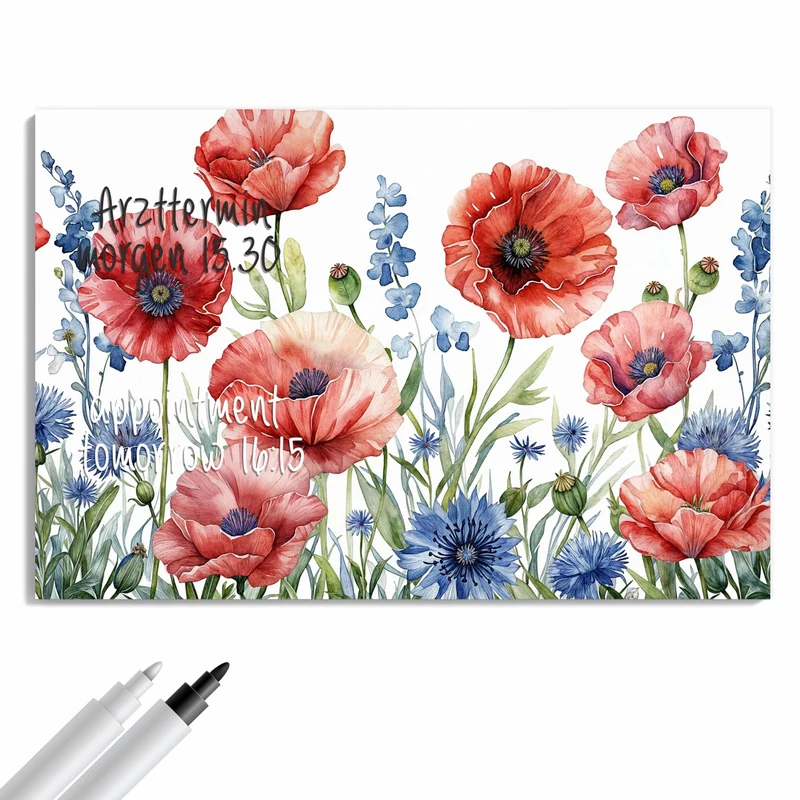 Metall Magnettafel - Mohn und Kornblumen