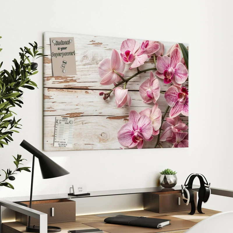 Metall Magnettafel - Orchideen auf Holz