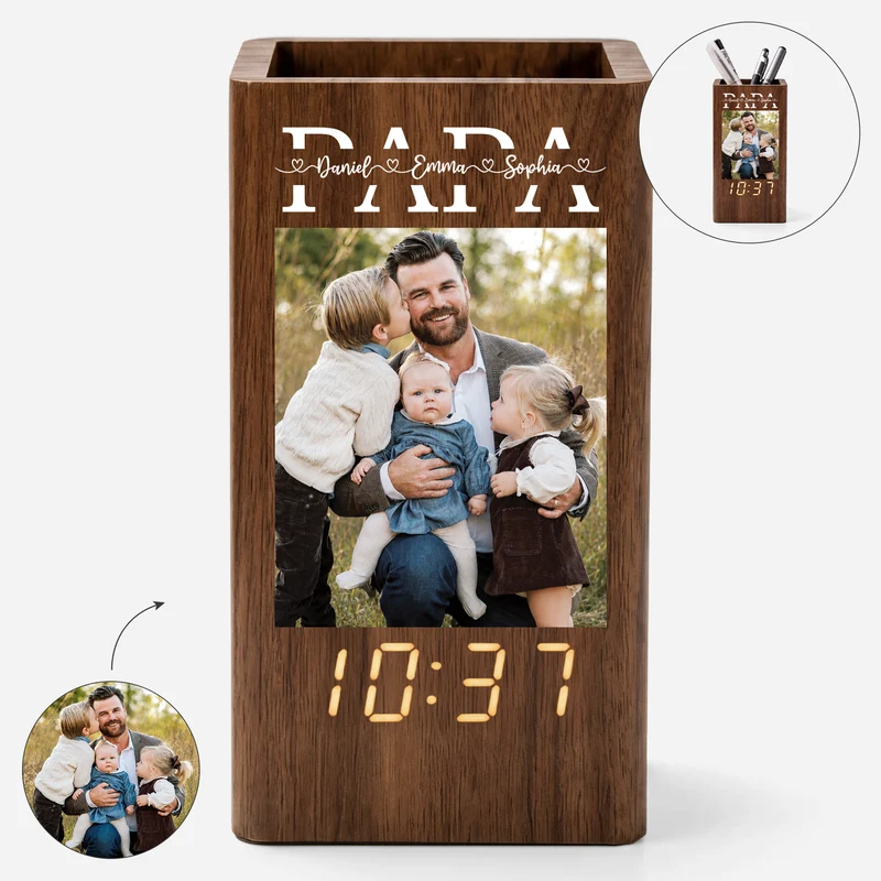Papa Mama Mit Kindernamen - Personalisierte Geschenke Foto | Stiftehalter Mit Uhr