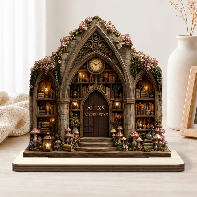 [3D-Optik] Bibliothek - Personalisierte Geschenke Für Lesenratte Frauen Männer | Holzaufsteller Mit Standfuß
