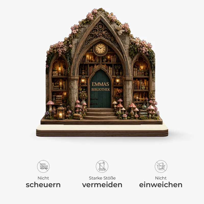 [3D-Optik] Bibliothek - Personalisierte Geschenke Für Lesenratte Frauen Männer | Holzaufsteller Mit Standfuß