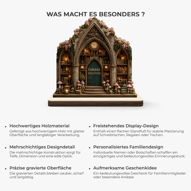 [3D-Optik] Bibliothek - Personalisierte Geschenke Für Lesenratte Frauen Männer | Holzaufsteller Mit Standfuß