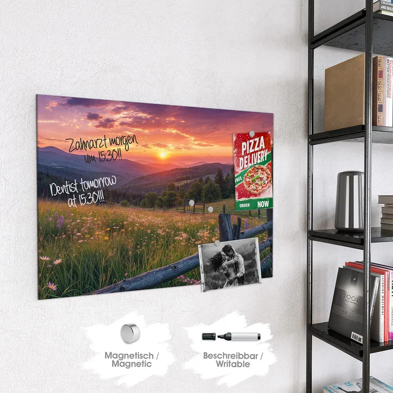Glas Magnettafel - Blumenwiese mit Holzzaun