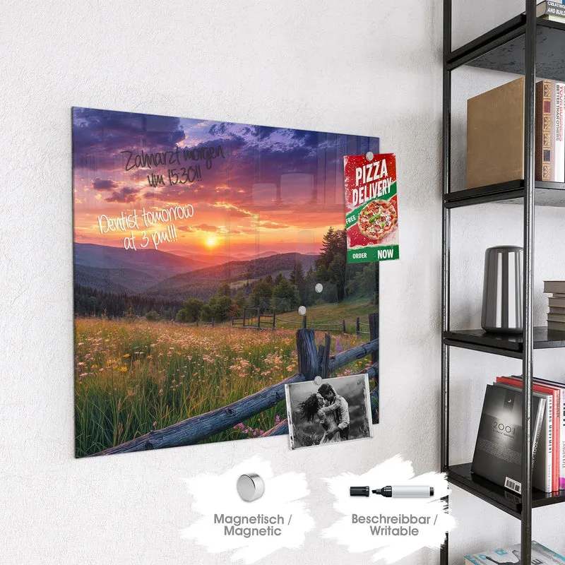 Glas Magnettafel - Blumenwiese mit Holzzaun
