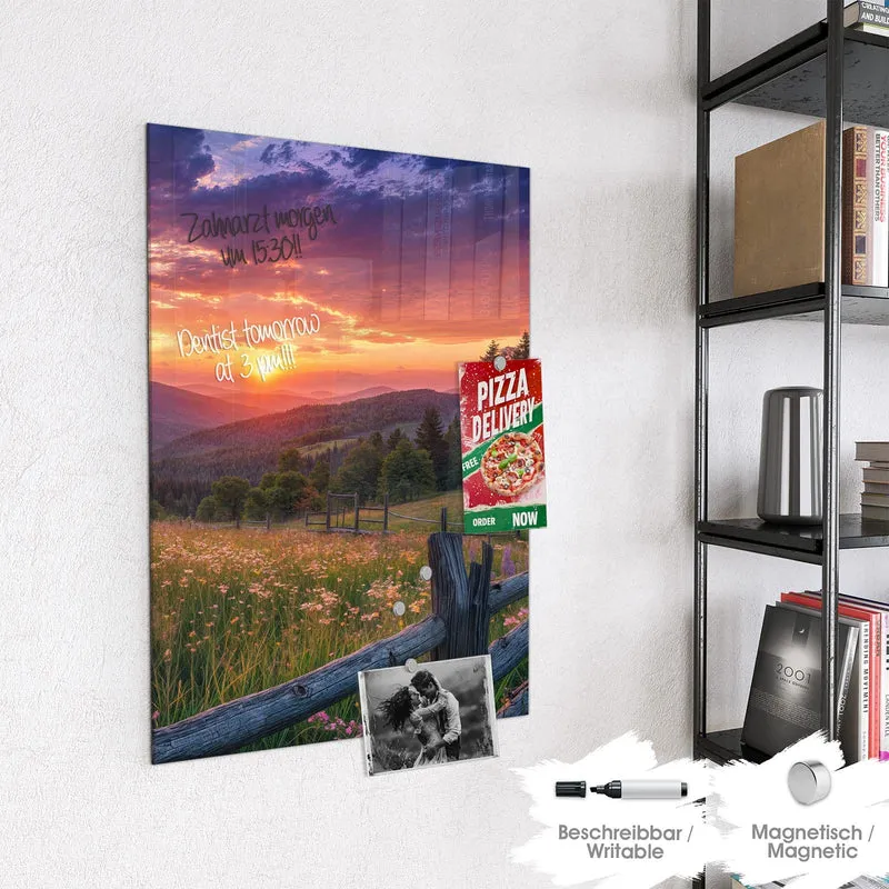 Glas Magnettafel - Blumenwiese mit Holzzaun