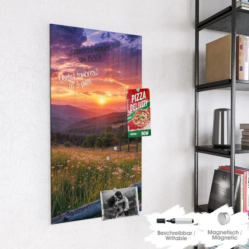 Glas Magnettafel - Blumenwiese mit Holzzaun