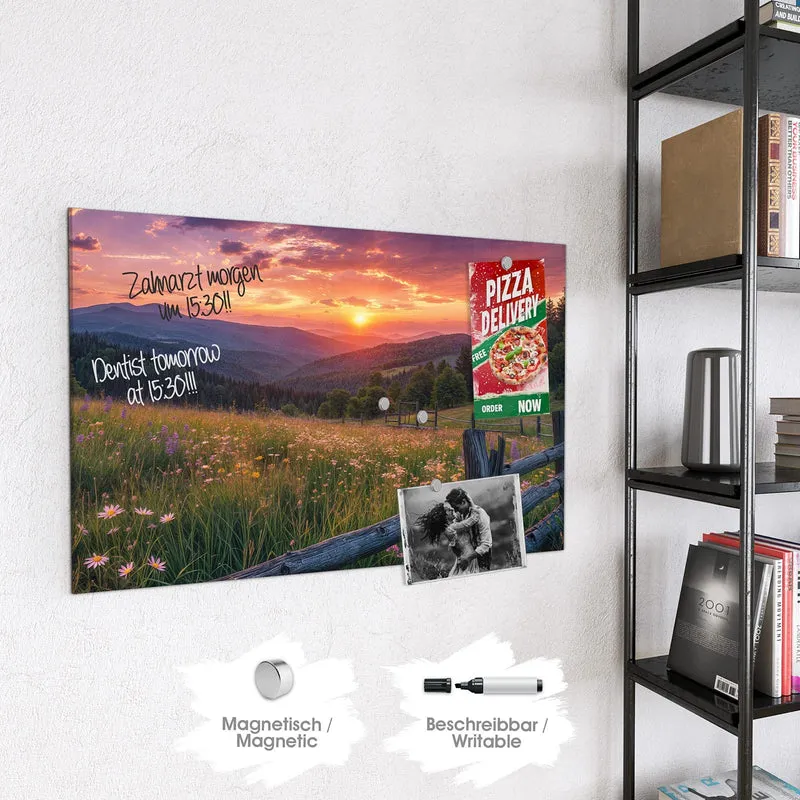 Glas Magnettafel - Blumenwiese mit Holzzaun
