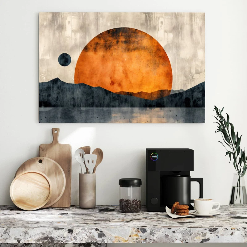 Metall Magnettafel - Orange Sonne über Bergen