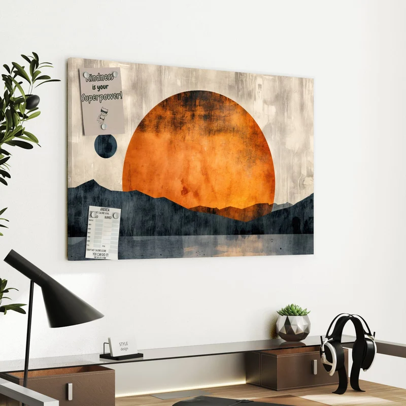 Metall Magnettafel - Orange Sonne über Bergen