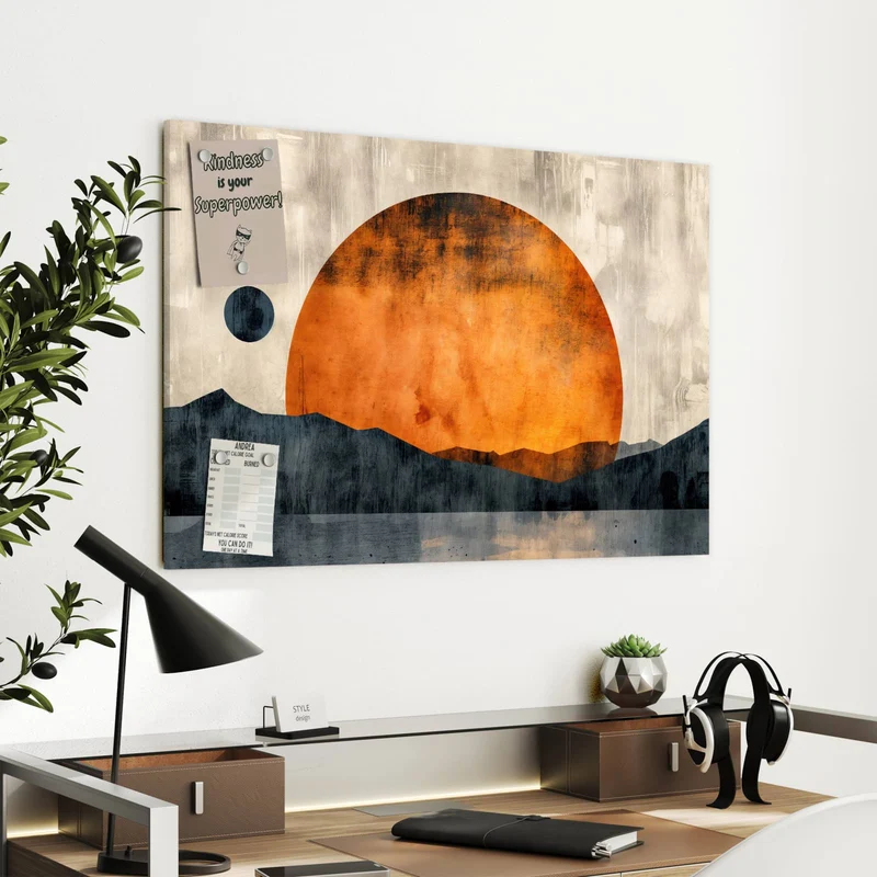 Metall Magnettafel - Orange Sonne über Bergen