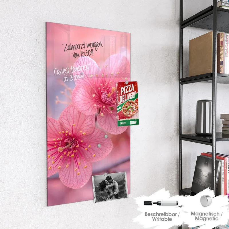 Glas Magnettafel - Drei Blüten in Pink