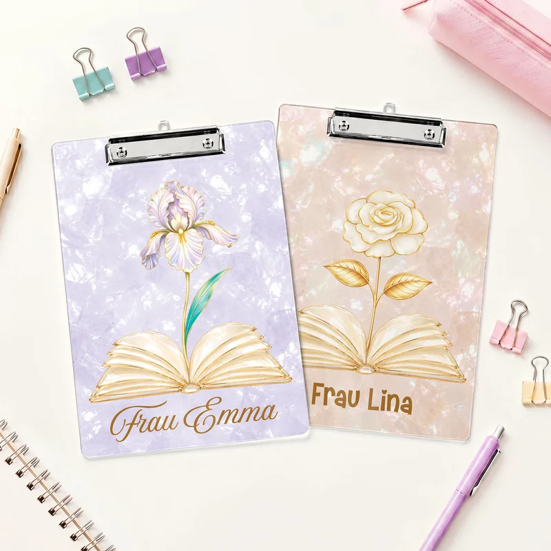 Lehrerin + Blume - Personalisiertes Geschenk | Klemmbrett Perlmutt Effekt