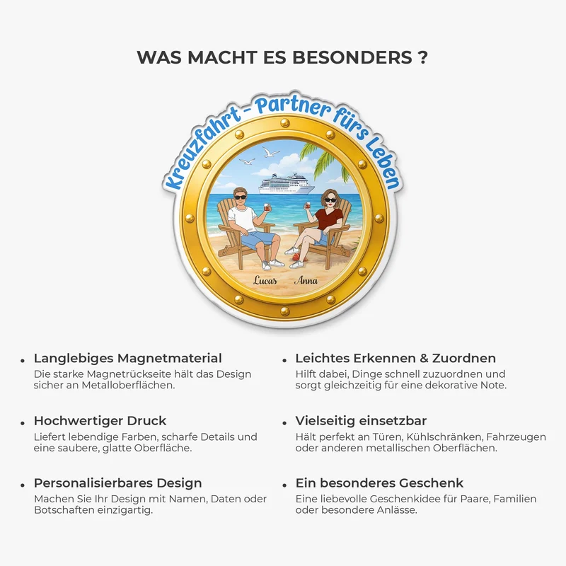 Kreuzfahrt-Partner Fürs Leben - Personalisierte Geschenke Paar | Acryl Magnet Bullauge Weißgesicht-Sturmtaucher