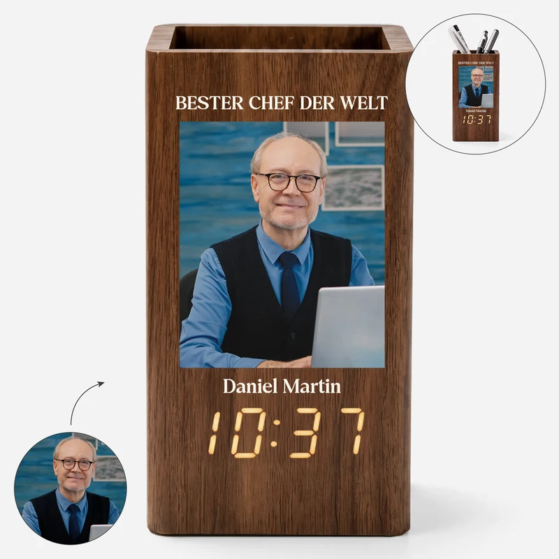 Bester Chef Der Welt - Personalisierte Geschenke Foto | Stiftehalter Mit Uhr