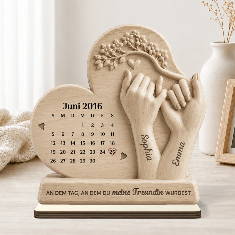 [3D-Optik] An Dem Tag An Dem Du Meine Freundin - Personalisiertes Geschenk | Holzaufsteller Mit Standfuß Kalender Hände
