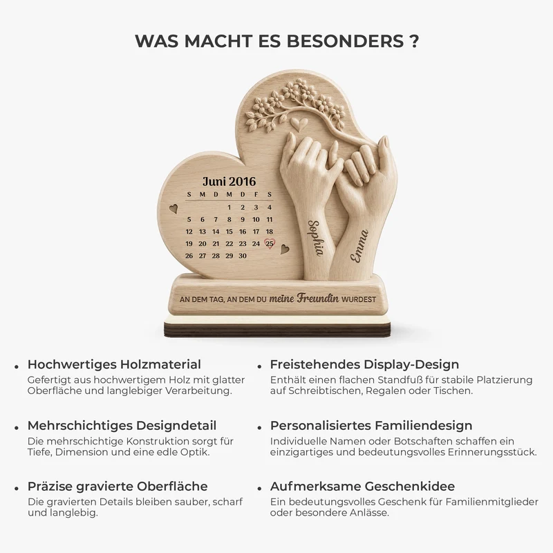[3D-Optik] An Dem Tag An Dem Du Meine Freundin - Personalisiertes Geschenk | Holzaufsteller Mit Standfuß Kalender Hände