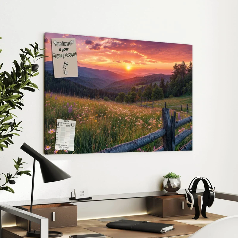 Metall Magnettafel - Blumenwiese mit Holzzaun