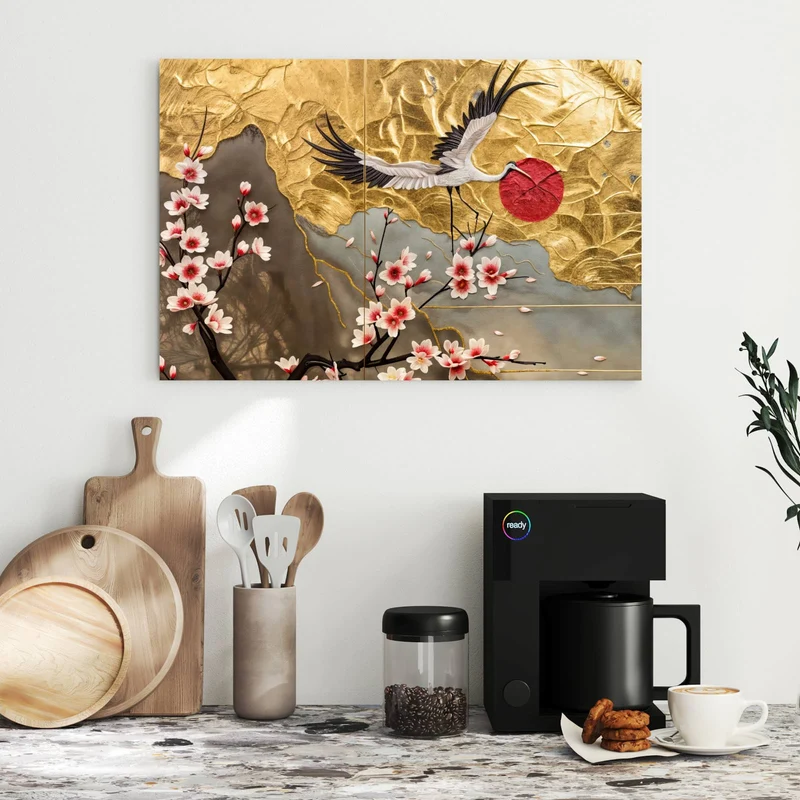 Metall Magnettafel - Kranich über Blüten