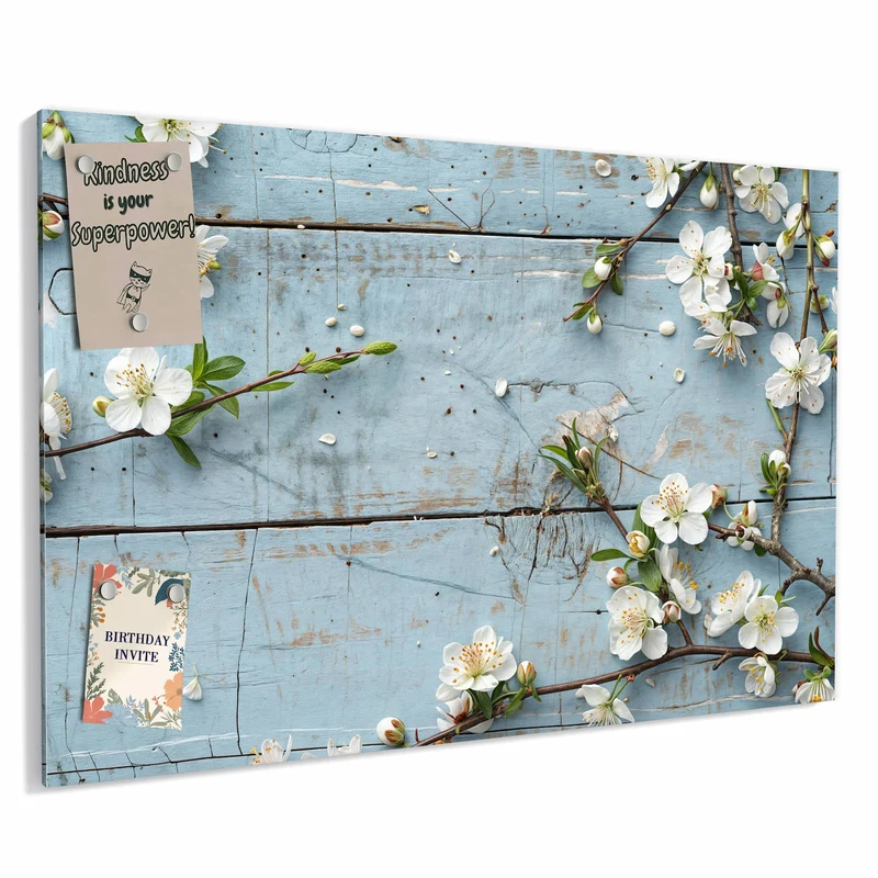 Metall Magnettafel - Blüten auf blauem Holz