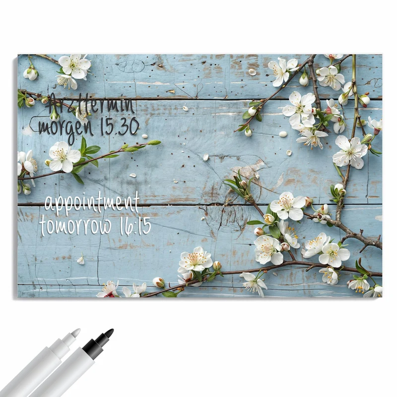 Metall Magnettafel - Blüten auf blauem Holz
