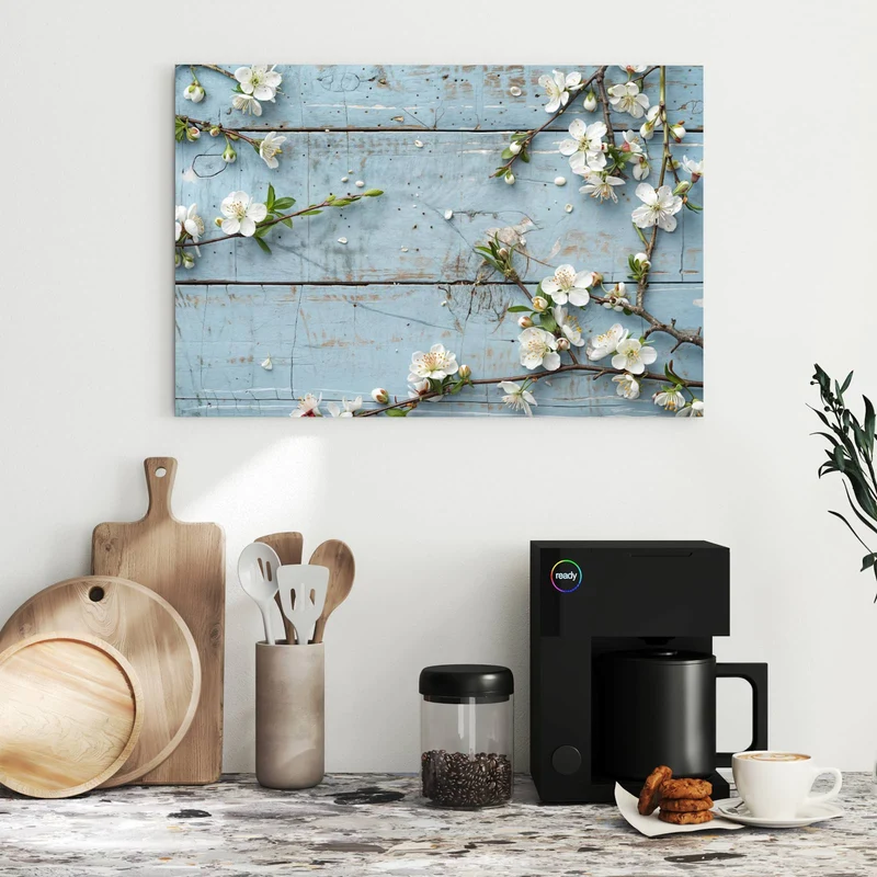 Metall Magnettafel - Blüten auf blauem Holz