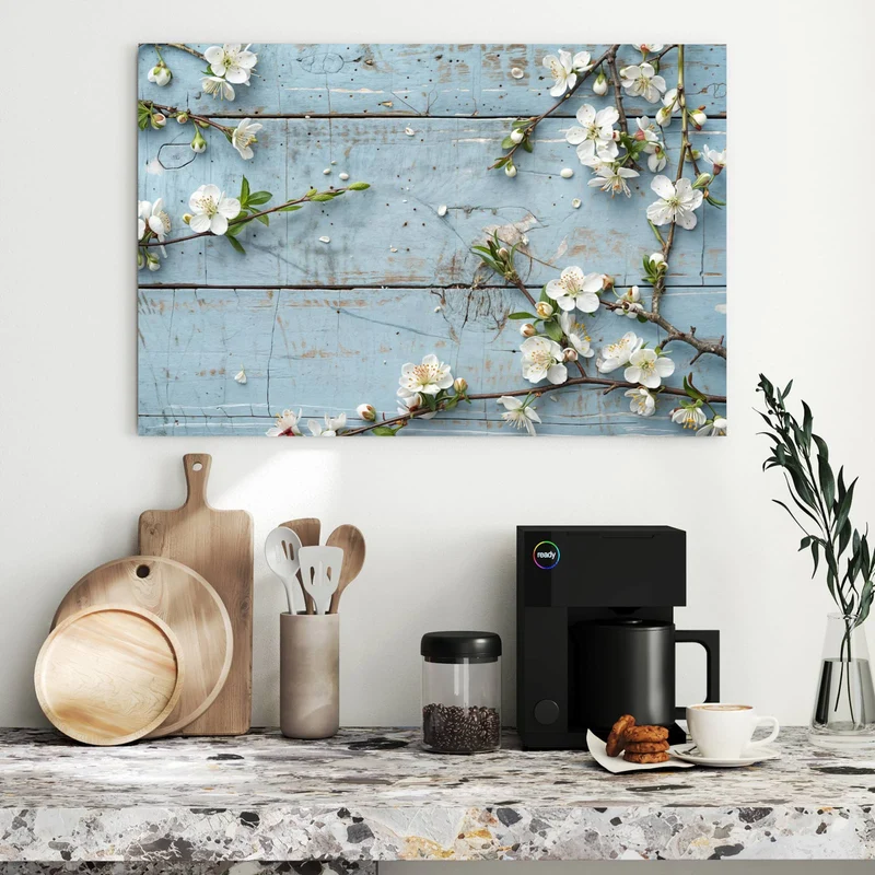 Metall Magnettafel - Blüten auf blauem Holz