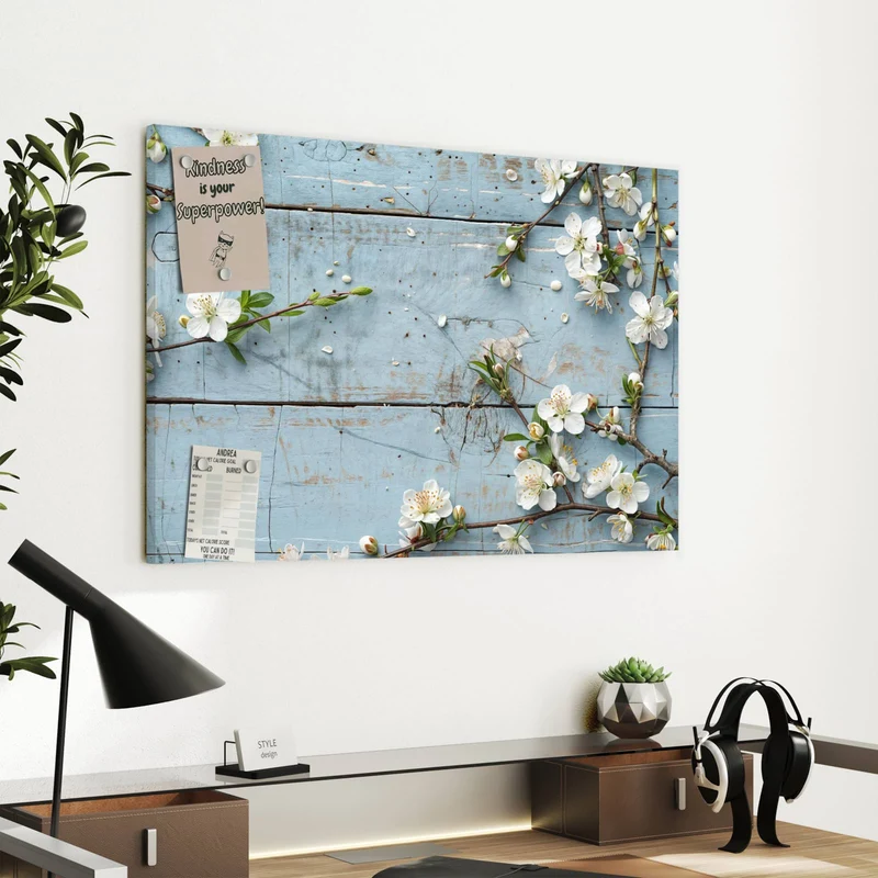 Metall Magnettafel - Blüten auf blauem Holz