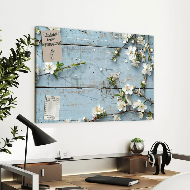 Metall Magnettafel - Blüten auf blauem Holz