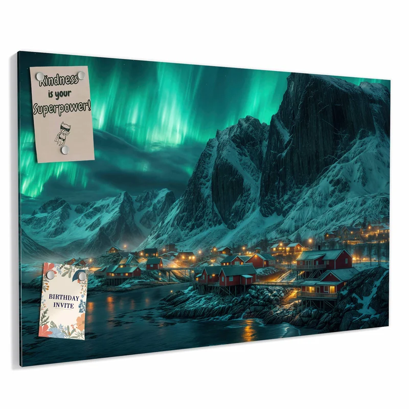 Metall Magnettafel - Nordlichter über Fjord