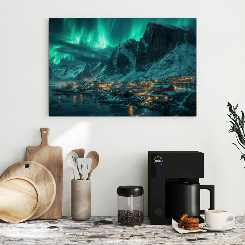 Metall Magnettafel - Nordlichter über Fjord