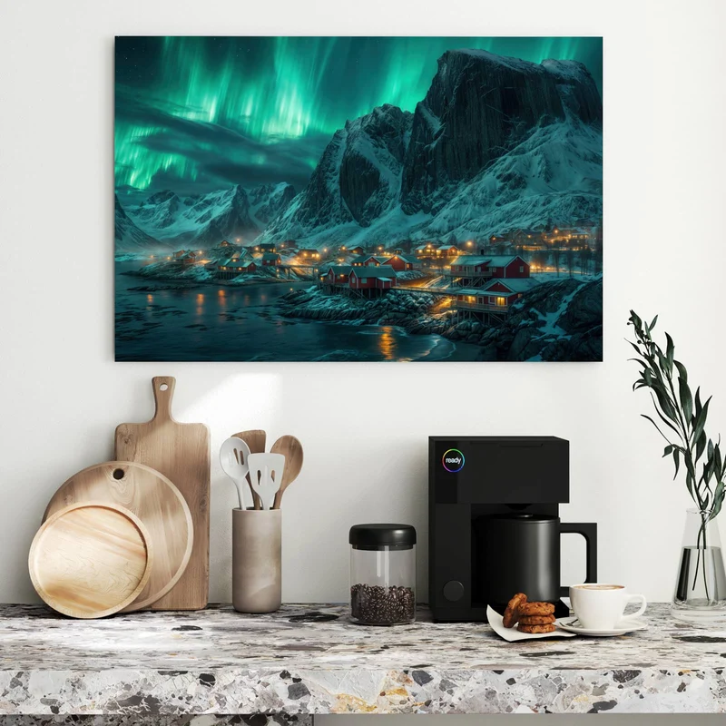 Metall Magnettafel - Nordlichter über Fjord