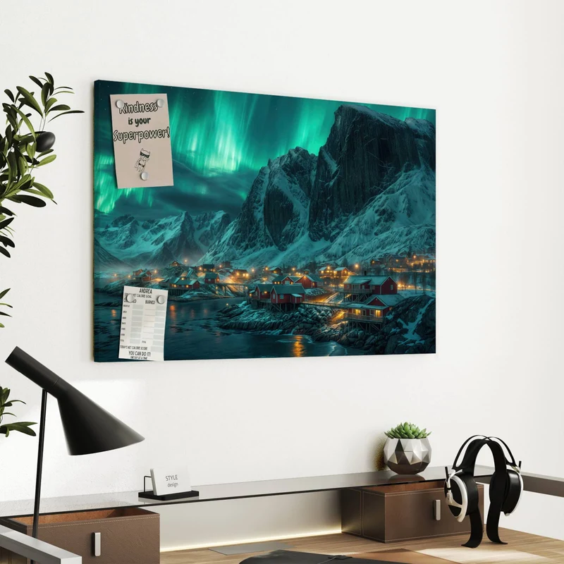 Metall Magnettafel - Nordlichter über Fjord
