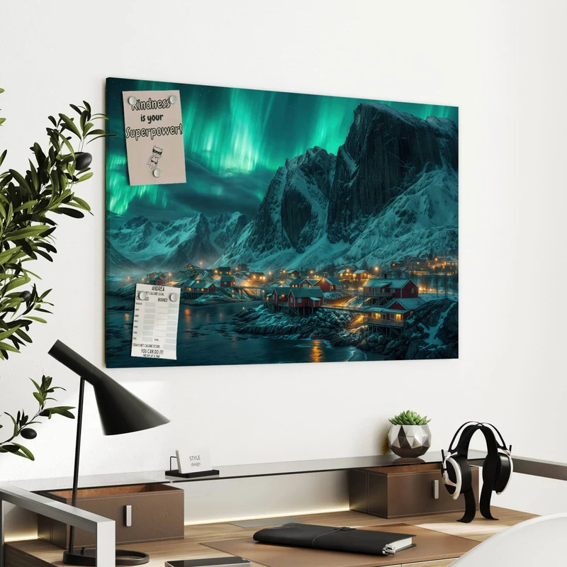 Metall Magnettafel - Nordlichter über Fjord