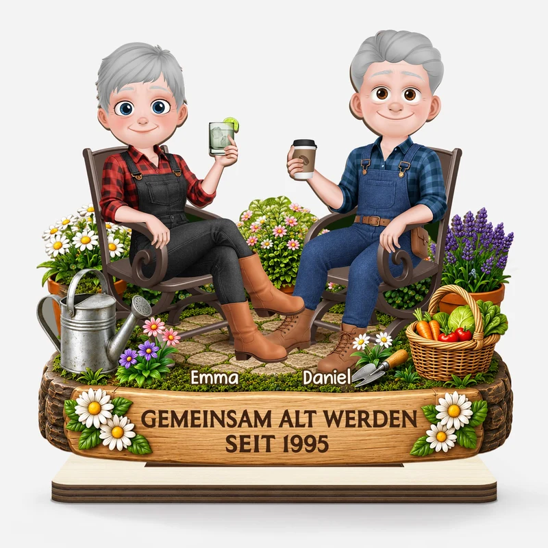 [3D-Optik] Gemeinsam Alt Werden - Personalisierte Geschenke Paar | Holzaufsteller Mit Standfuß Garten Cartoon