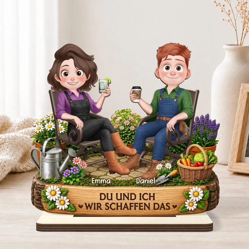 [3D-Optik] Gemeinsam Alt Werden - Personalisierte Geschenke Paar | Holzaufsteller Mit Standfuß Garten Cartoon
