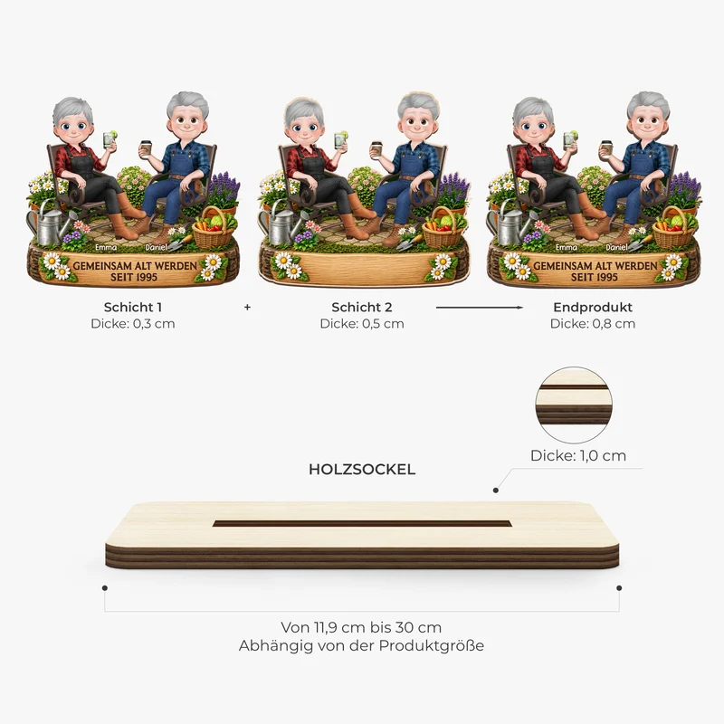 [3D-Optik] Gemeinsam Alt Werden - Personalisierte Geschenke Paar | Holzaufsteller Mit Standfuß Garten Cartoon