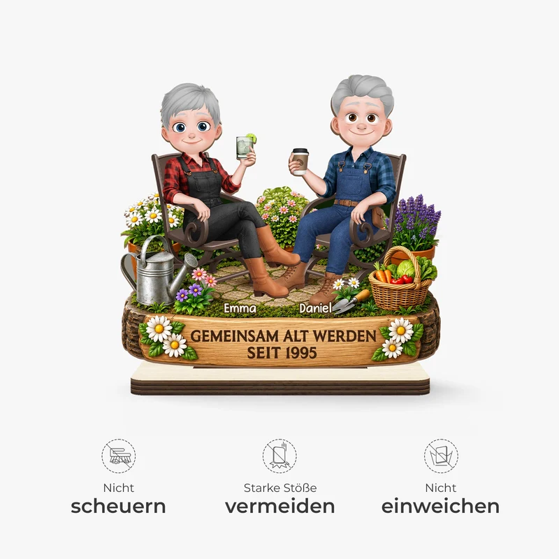 [3D-Optik] Gemeinsam Alt Werden - Personalisierte Geschenke Paar | Holzaufsteller Mit Standfuß Garten Cartoon