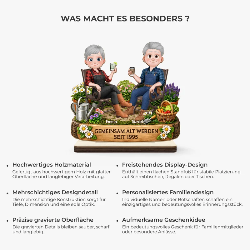 [3D-Optik] Gemeinsam Alt Werden - Personalisierte Geschenke Paar | Holzaufsteller Mit Standfuß Garten Cartoon