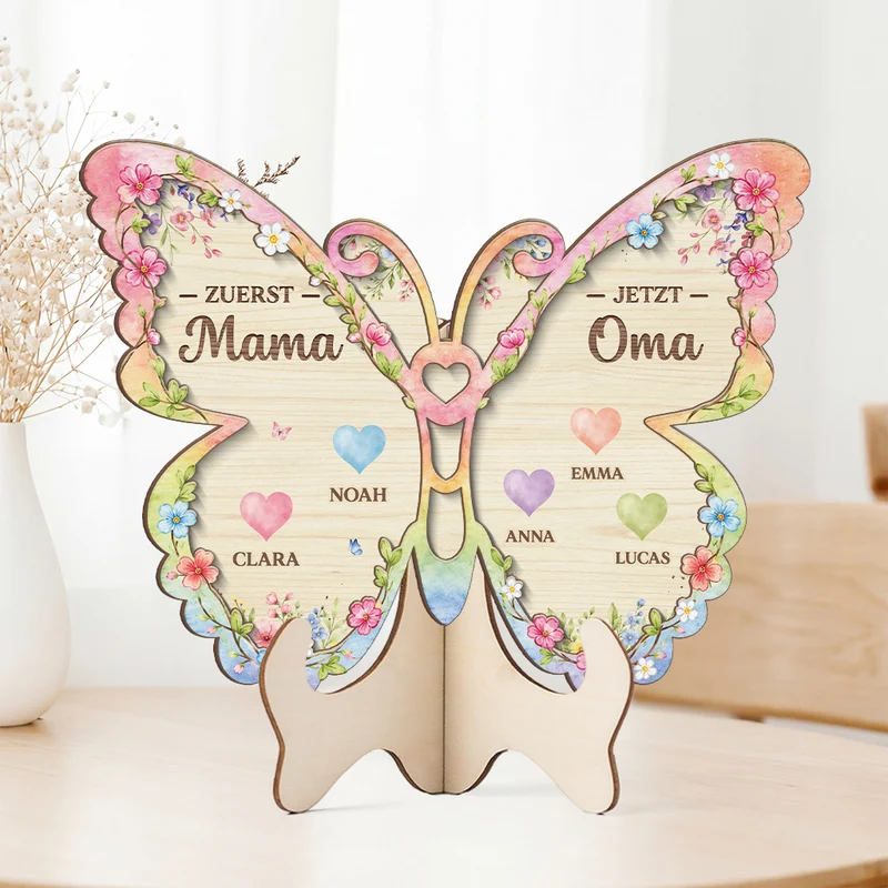Zuerst Mama Jetzt Oma - Personalisiertes Geschenk | Holzaufsteller Großer Schmetterling Herzen