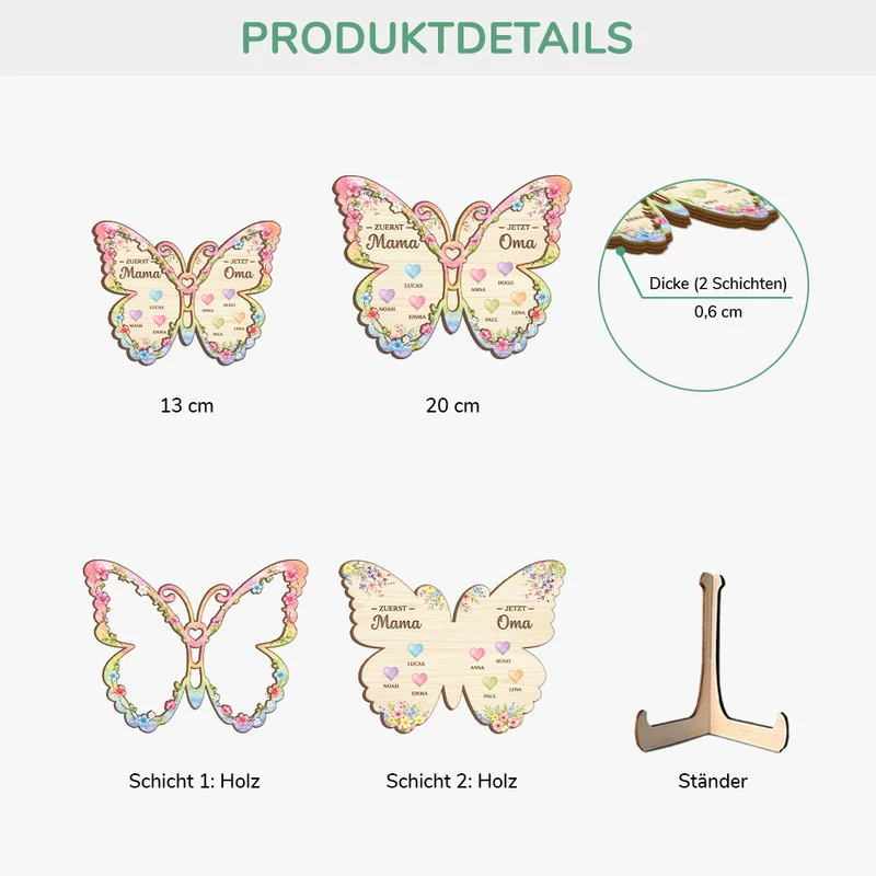 Zuerst Mama Jetzt Oma - Personalisiertes Geschenk | Holzaufsteller Großer Schmetterling Herzen