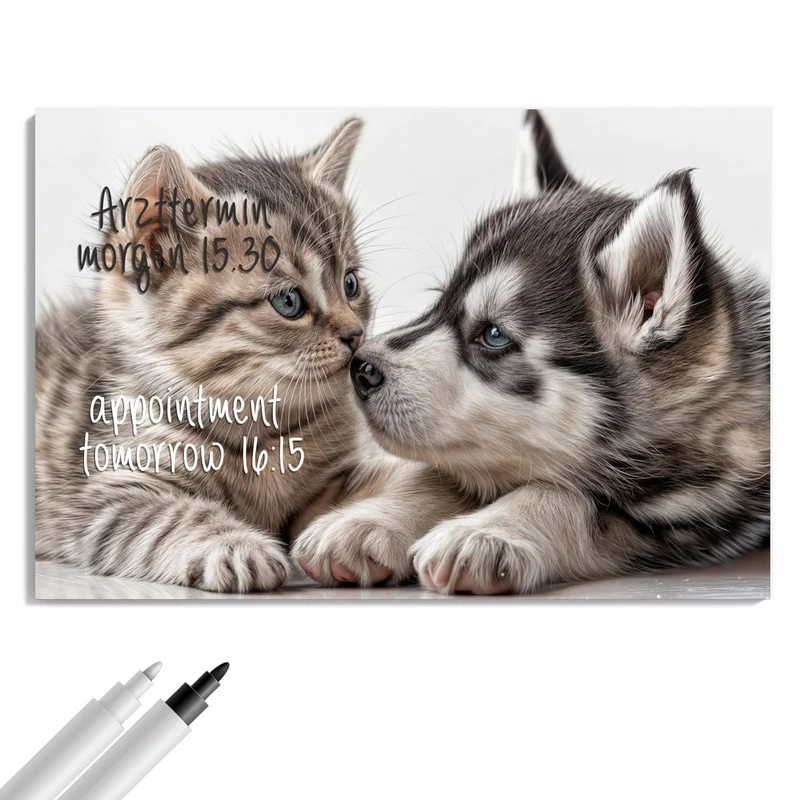 Metall Magnettafel - Husky und Kätzchen