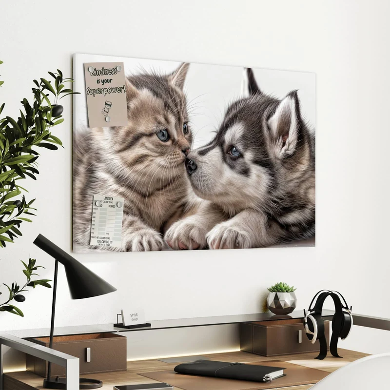 Metall Magnettafel - Husky und Kätzchen