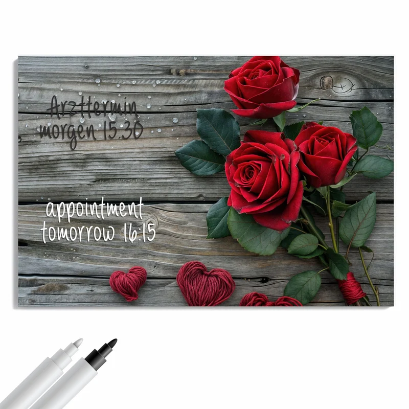 Metall Magnettafel - Drei Rosen mit Herzen