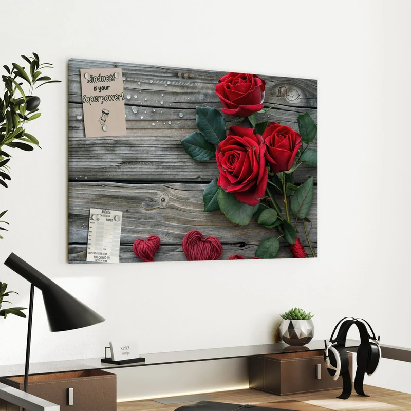 Metall Magnettafel - Drei Rosen mit Herzen