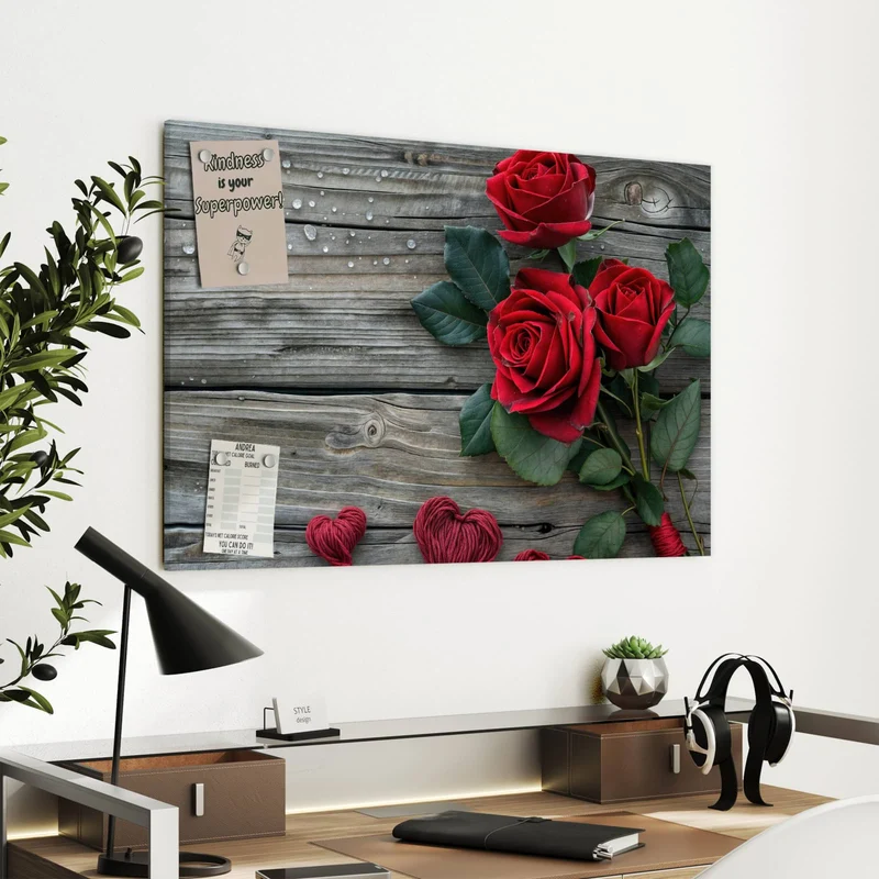 Metall Magnettafel - Drei Rosen mit Herzen