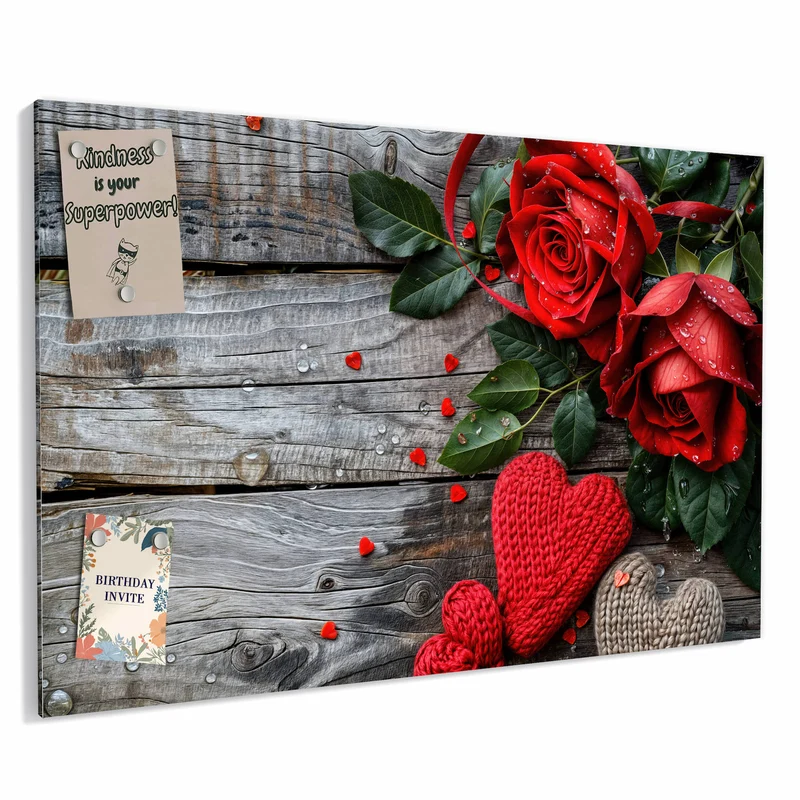 Metall Magnettafel - Rosen mit Strickherzen