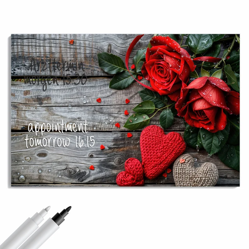 Metall Magnettafel - Rosen mit Strickherzen